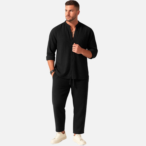 Men's Band Collar Shirt and Pants Set for Work – Black