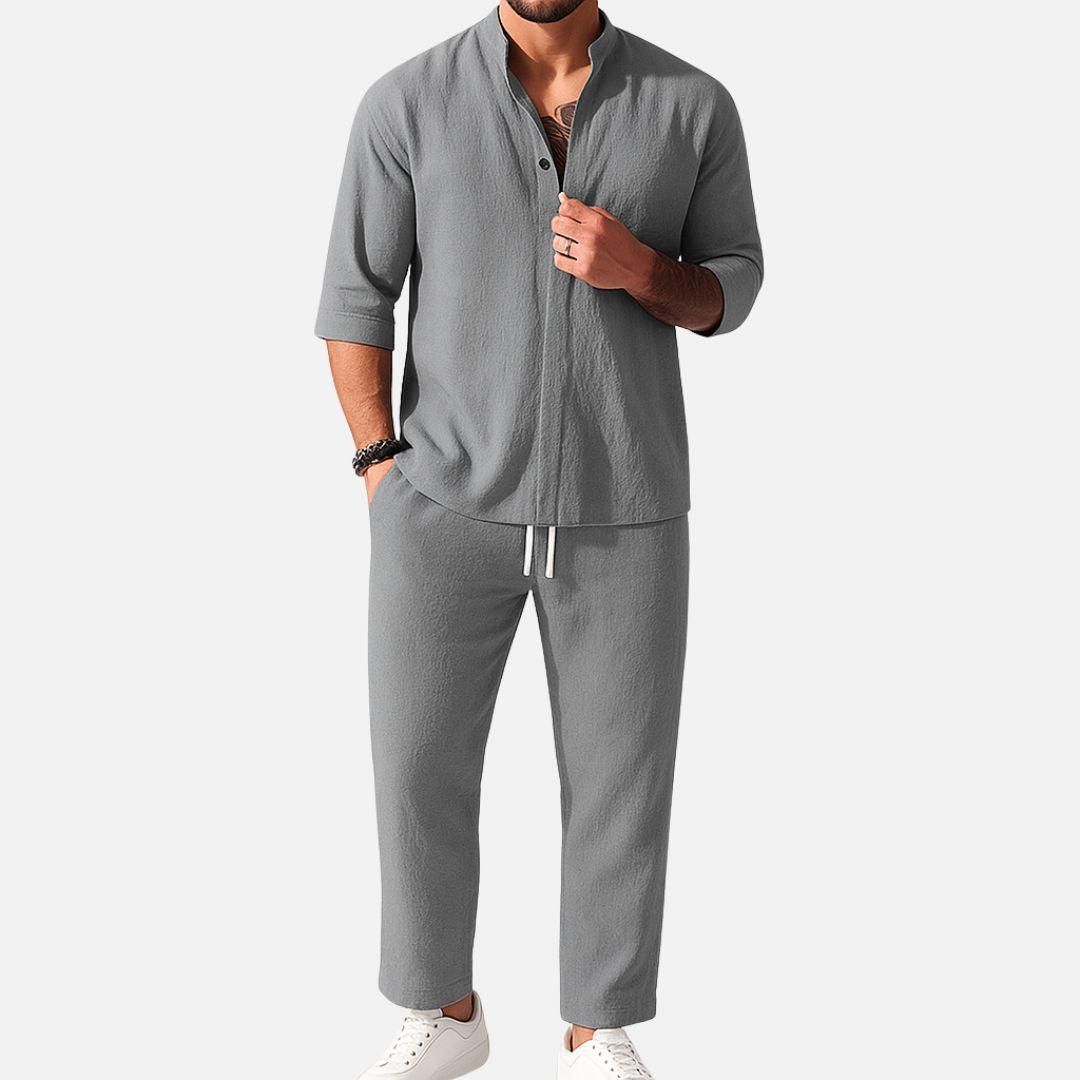 Men's Band Collar Shirt and Pants Set for Work – Gray