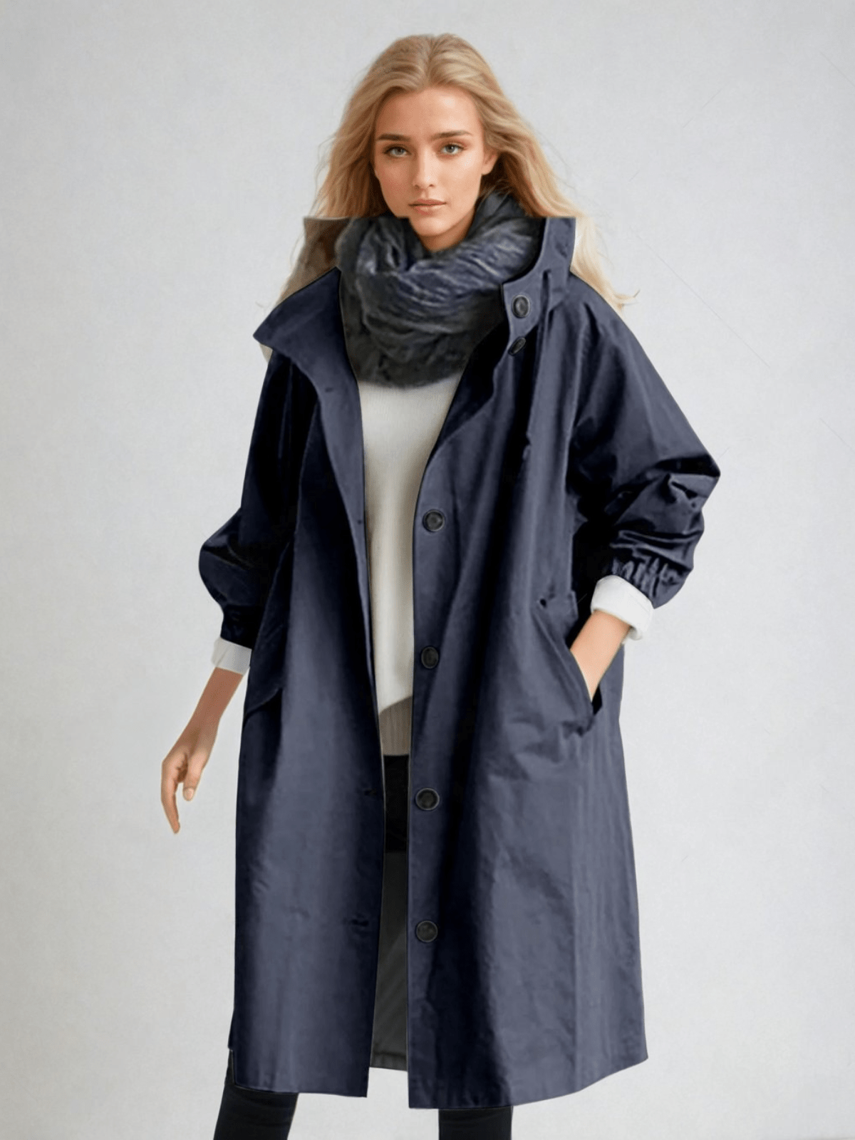 Women's Loose-Fit Hood-Detail Trench Coat – Navy Blue