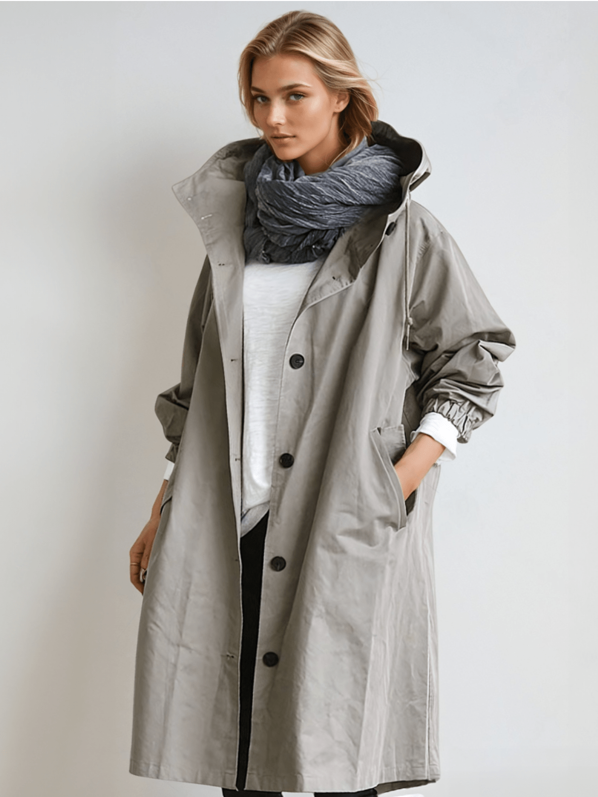 Women's Loose-Fit Hood-Detail Trench Coat – Gray