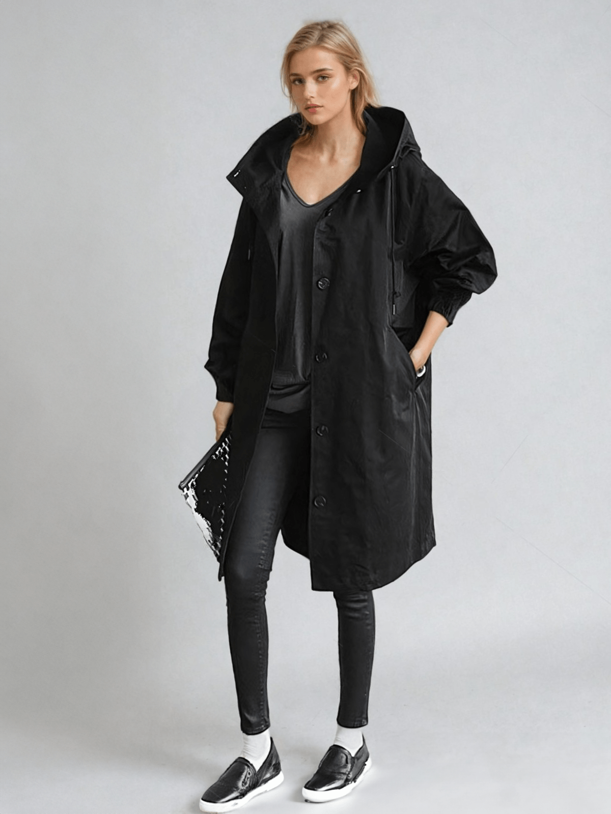 Women's Loose-Fit Hood-Detail Trench Coat – Black