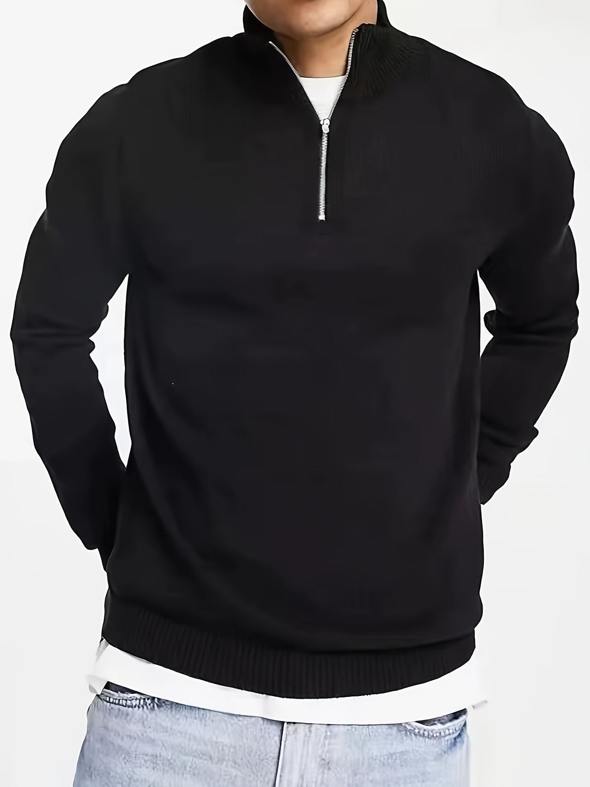 Men's Half-Zip High Neck Knit Pullover – Black