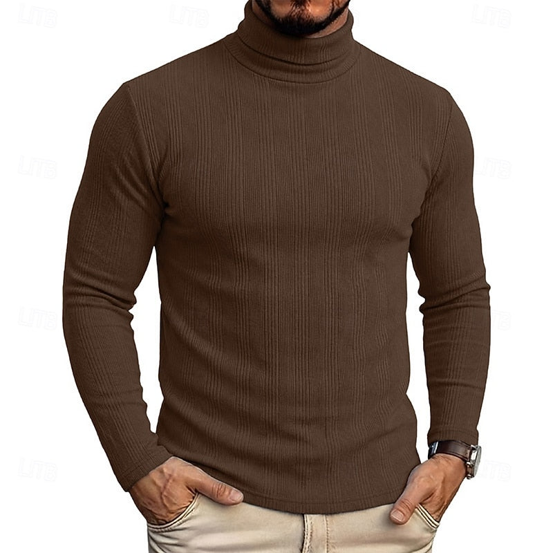 Men's Rib-Knit Texture Slim-Cut Fit Roll-Neck Knit Pullover – Coffee