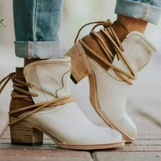Women's Western Laced Block-Heel Booties – Beige