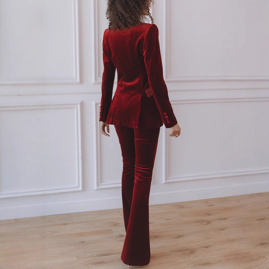 Women's Velour-Finish Blazer Flare Pants Set – view 3