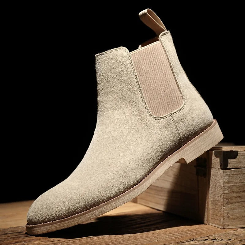 Men's Suede-Finish Chelsea Boots with Elastic Side Panels – Beige
