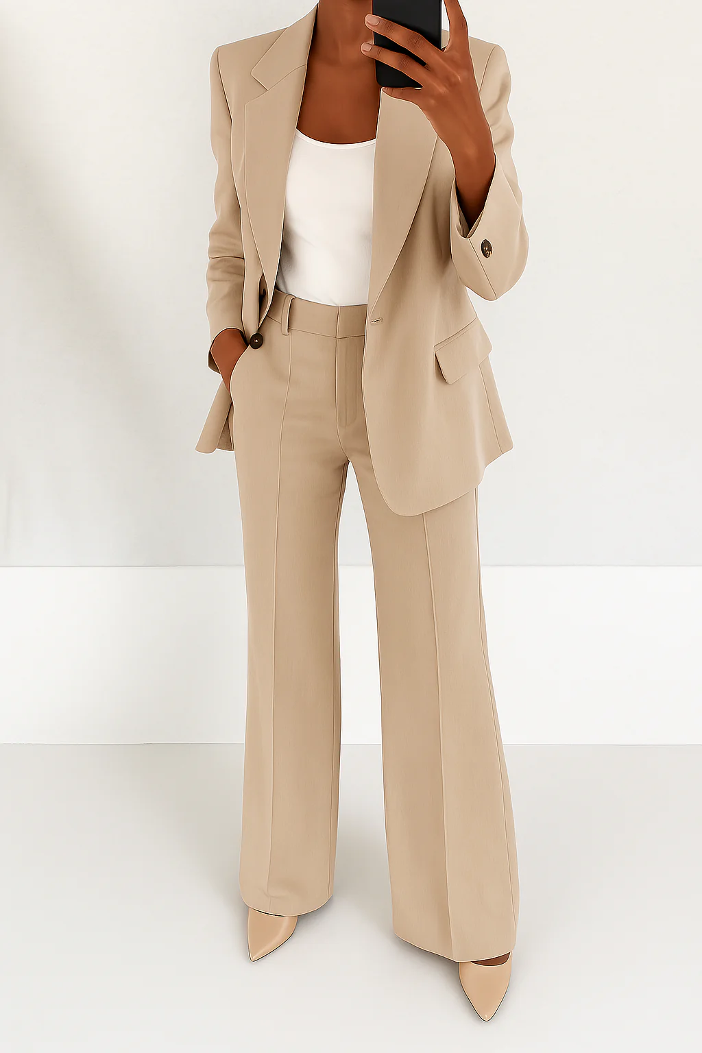 Women's Wide-Cut Blazer Suit Set – Beige