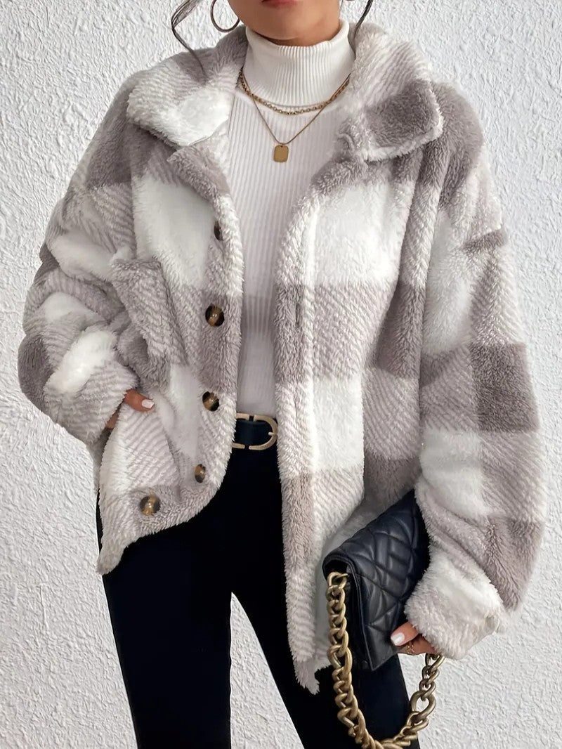 Women's Plaid Loose-Fit Button-Up Fluffy Jacket – Gray
