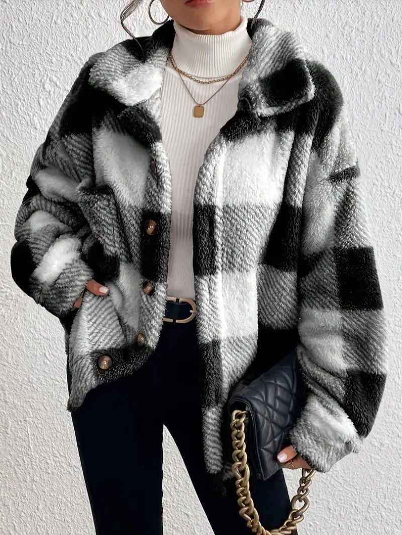 Women's Plaid Loose-Fit Button-Up Fluffy Jacket – Black