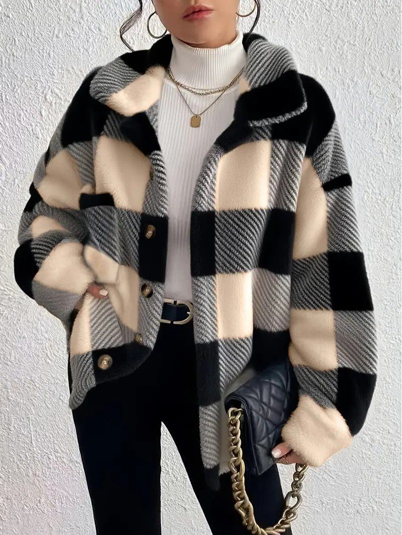 Women's Plaid Loose-Fit Button-Up Fluffy Jacket – Apricot