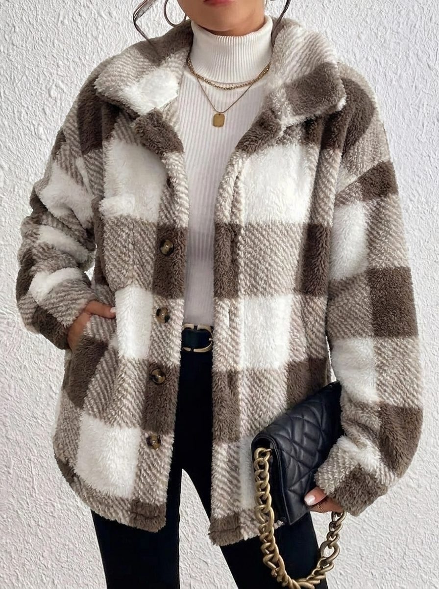 Women's Plaid Loose-Fit Button-Up Fluffy Jacket – Brown