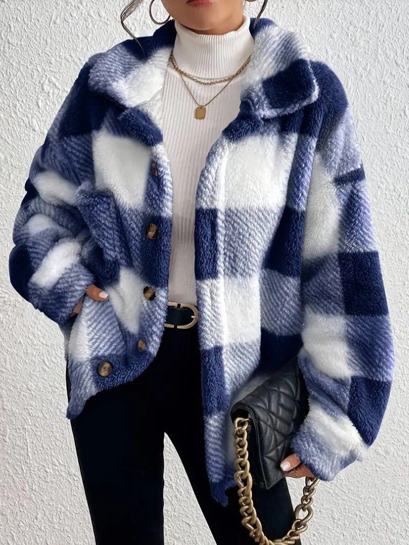 Women's Plaid Loose-Fit Button-Up Fluffy Jacket – Blue