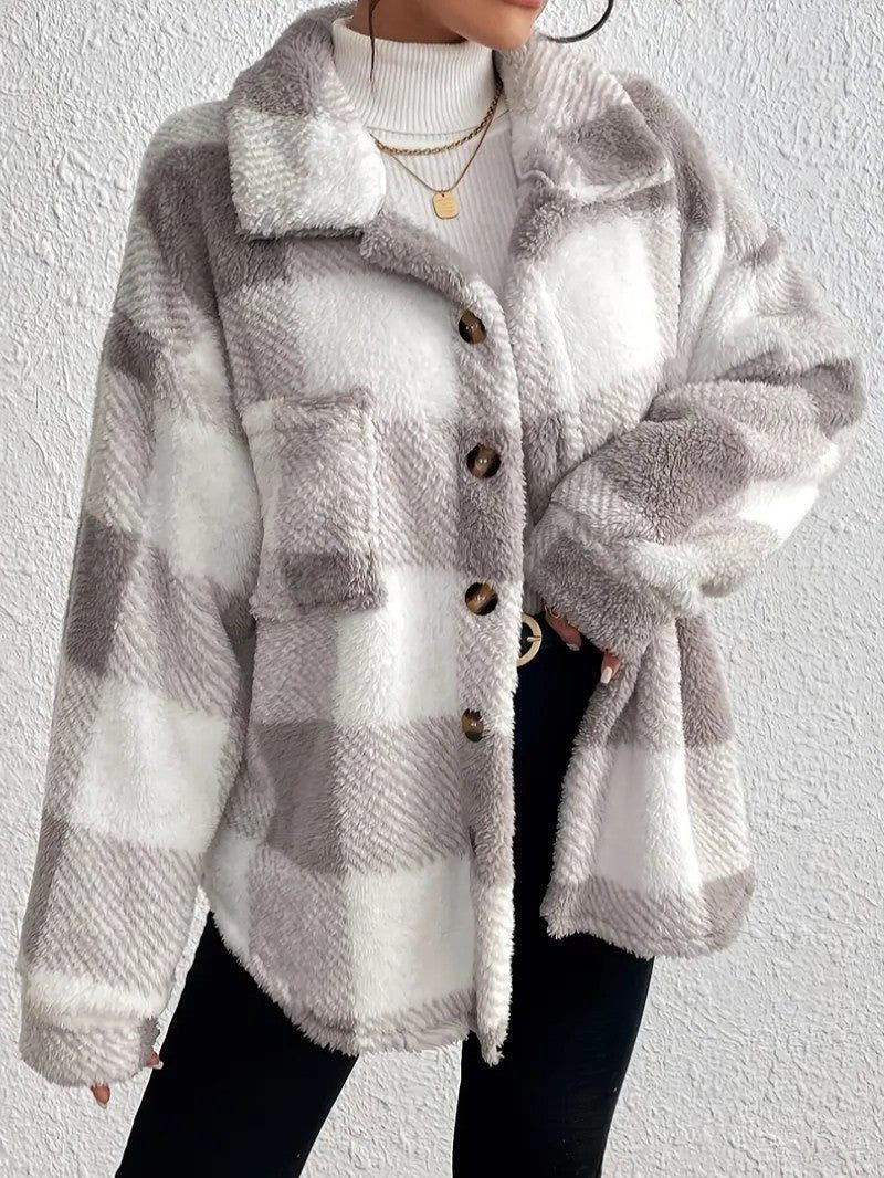 Women's Plaid Loose-Fit Button-Up Fluffy Jacket – view 3