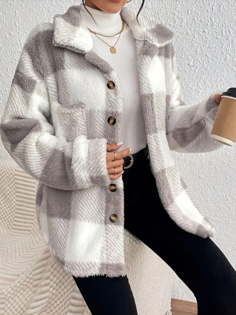 Women's Plaid Loose-Fit Button-Up Fluffy Jacket – view 4