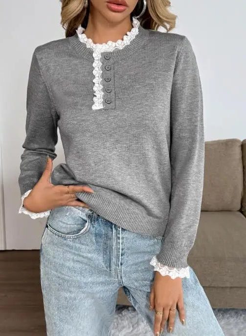 Women's Rib-Knit Crewneck Pullover – Gray