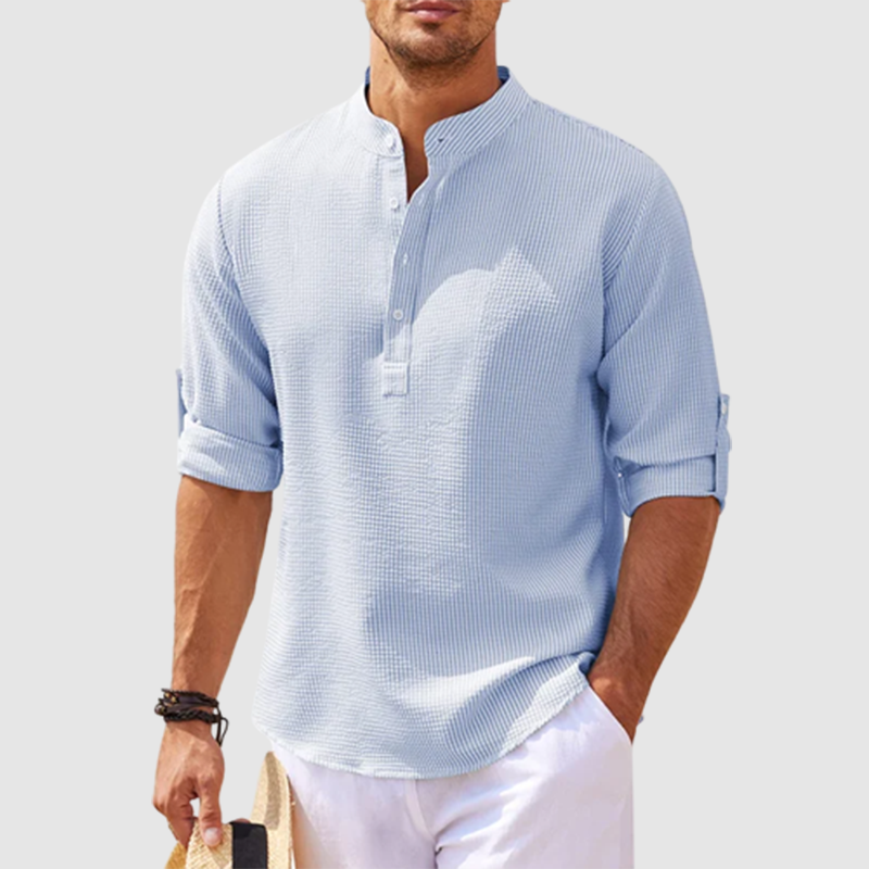 Men's Grandad Collar Popover Shirt for Layering – Light Blue