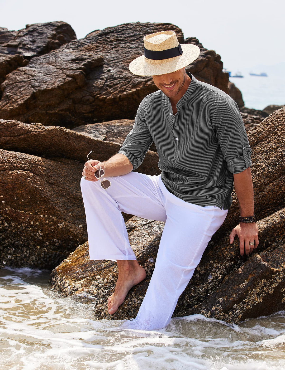 Men's Grandad Collar Popover Shirt for Layering – view 3
