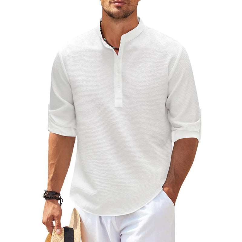 Men's Grandad Collar Popover Shirt for Layering – White