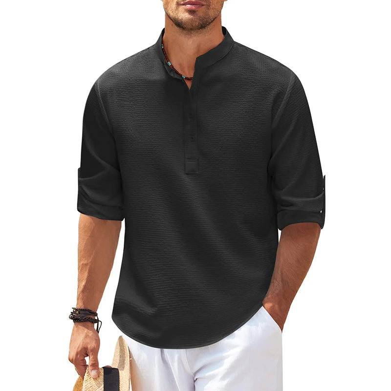 Men's Grandad Collar Popover Shirt for Layering – Black