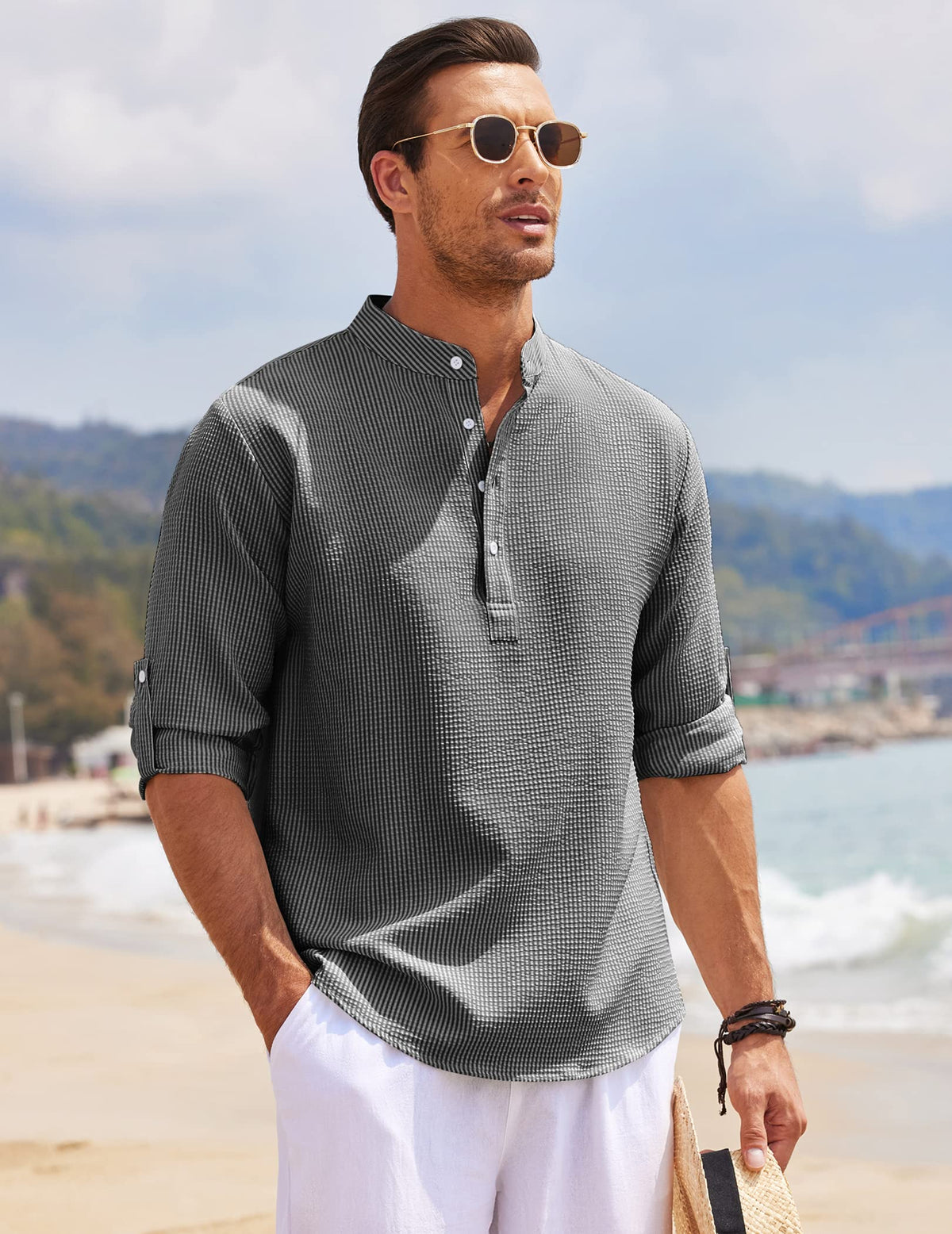 Men's Grandad Collar Popover Shirt for Layering – view 1