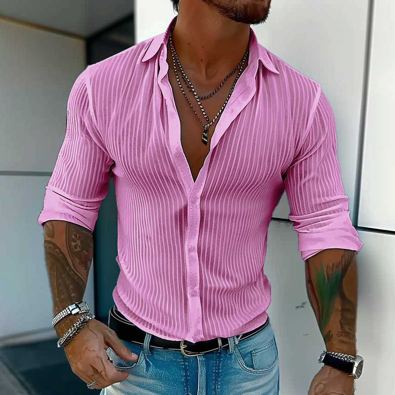 Men's Rib-Knit Button-Up Shirt – Pink