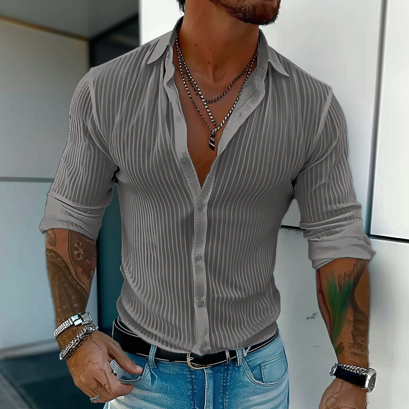 Men's Rib-Knit Button-Up Shirt – Gray