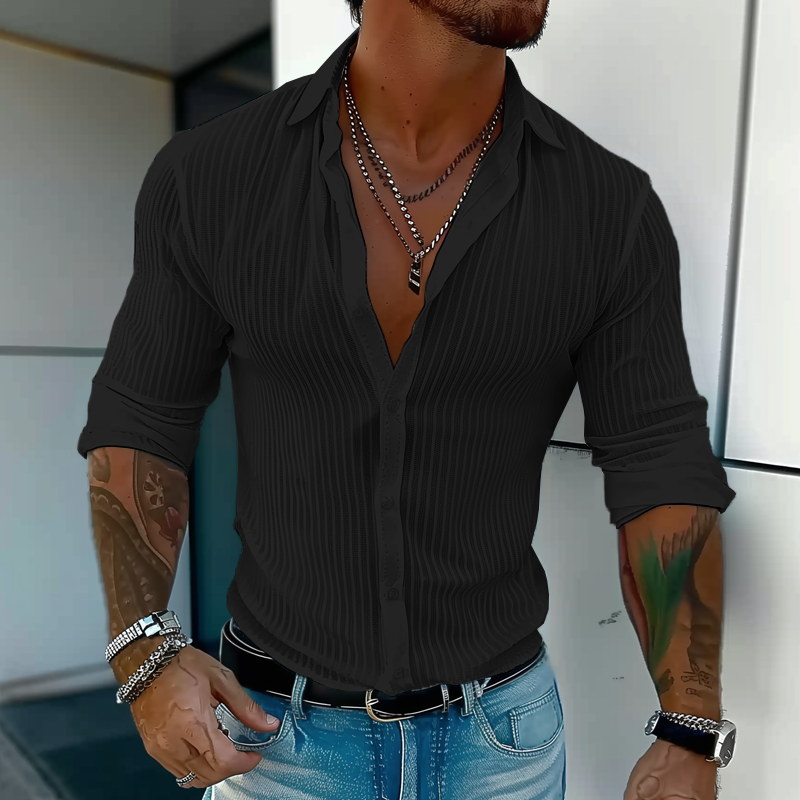 Men's Rib-Knit Button-Up Shirt – Black