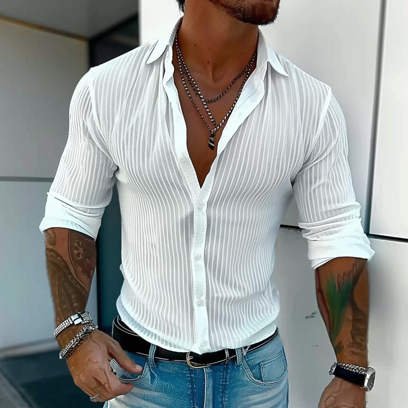 Men's Rib-Knit Button-Up Shirt – White