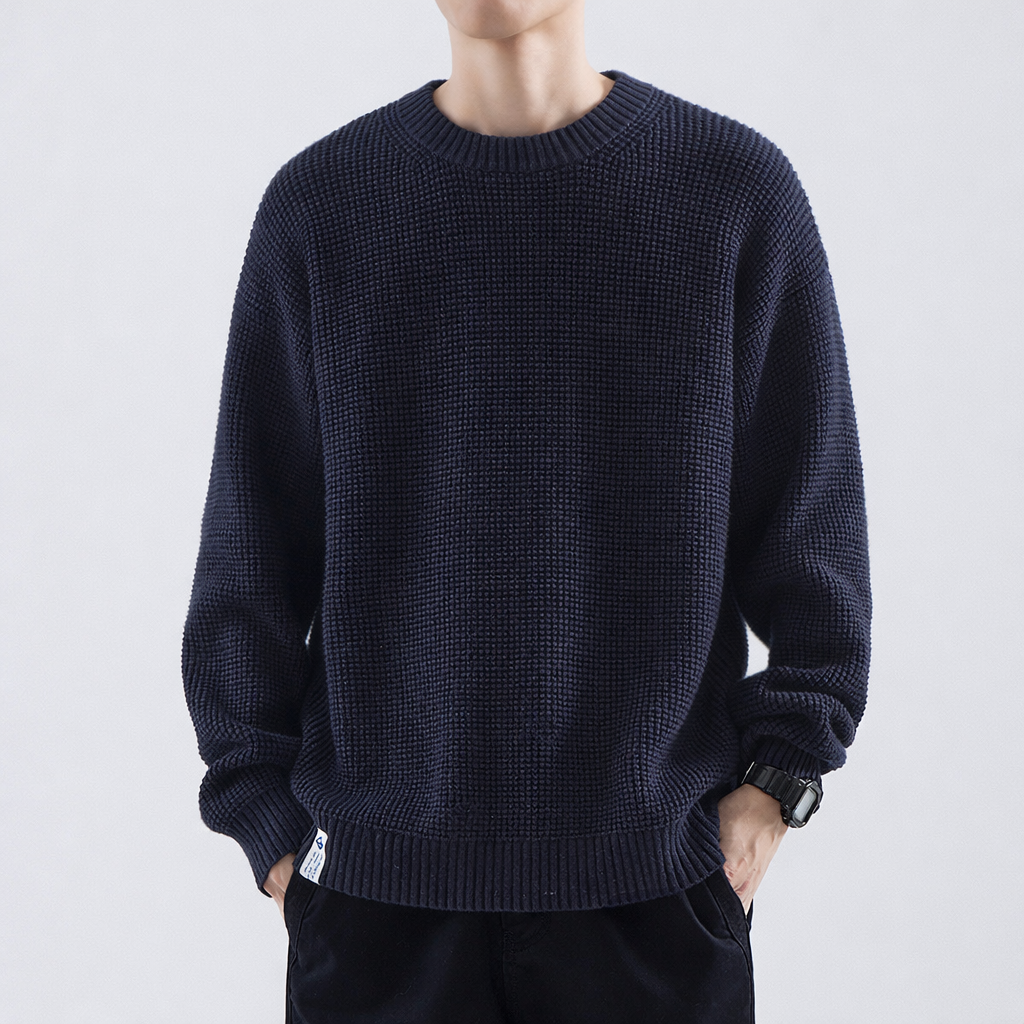Men's Textured Crewneck Knit Pullover – Navy Blue