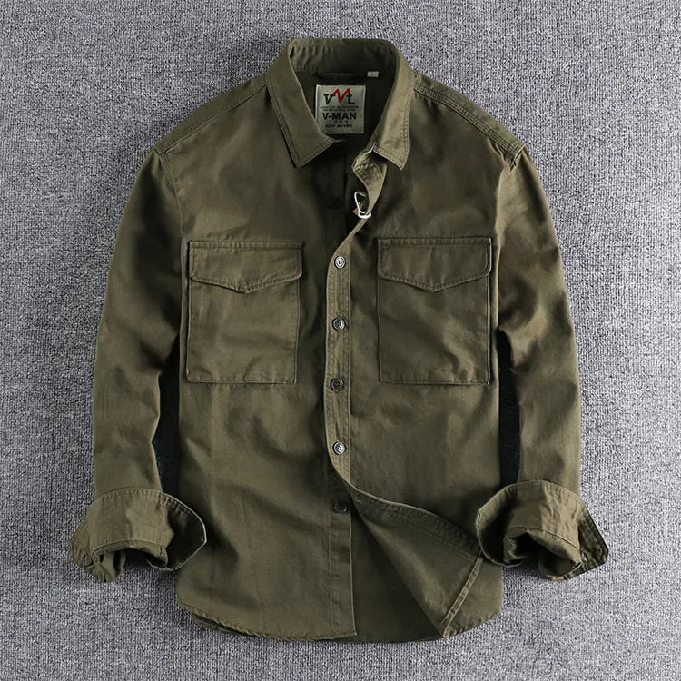 Men's Utility Button-Up Overshirt for Walking – Olive Green