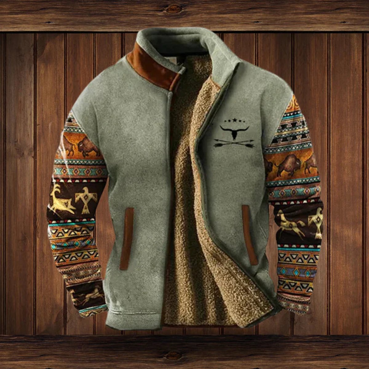 Men's Aztec Print Sherpa-Backed Cardigan Jacket – Gray with Print