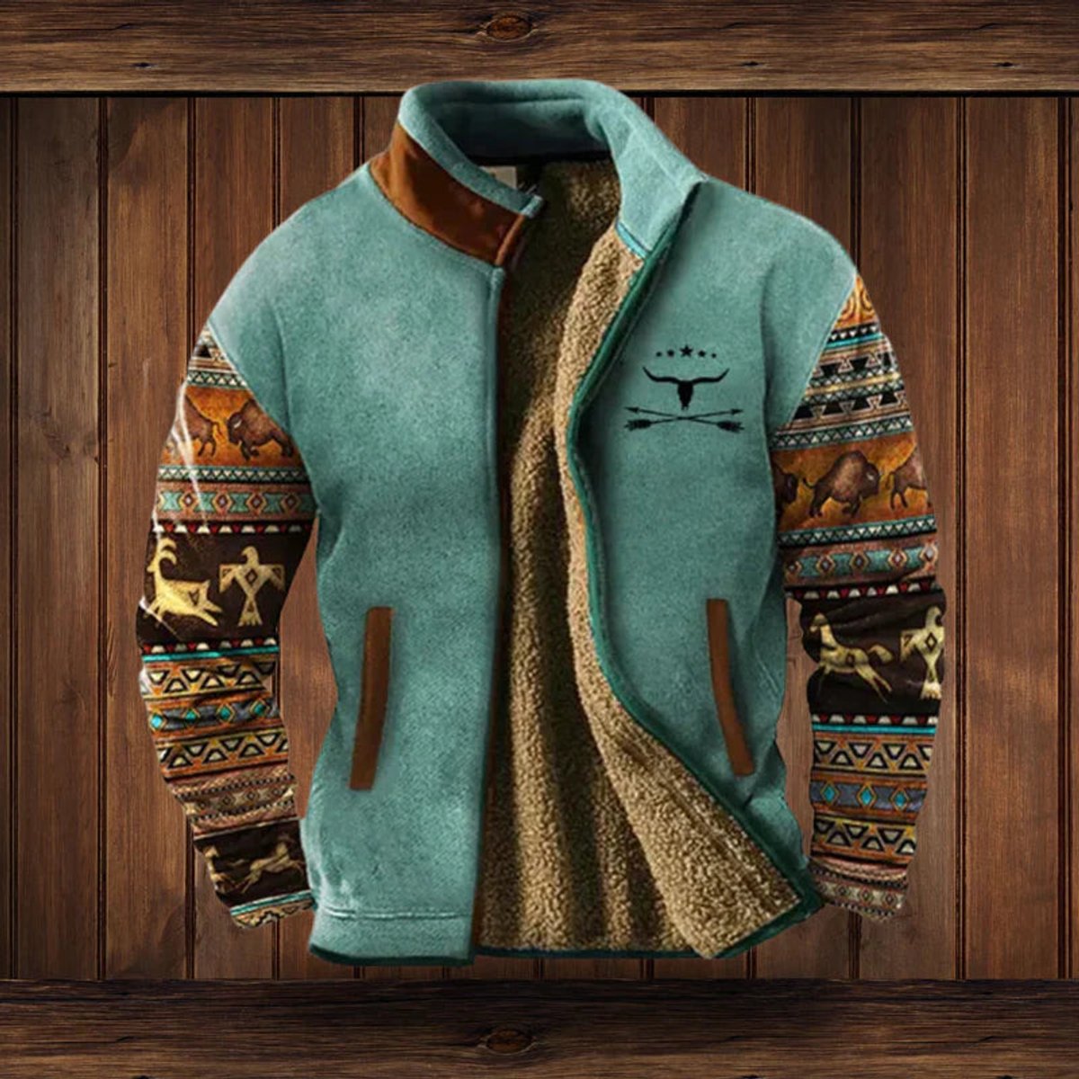 Men's Aztec Print Sherpa-Backed Cardigan Jacket – Blue with Print