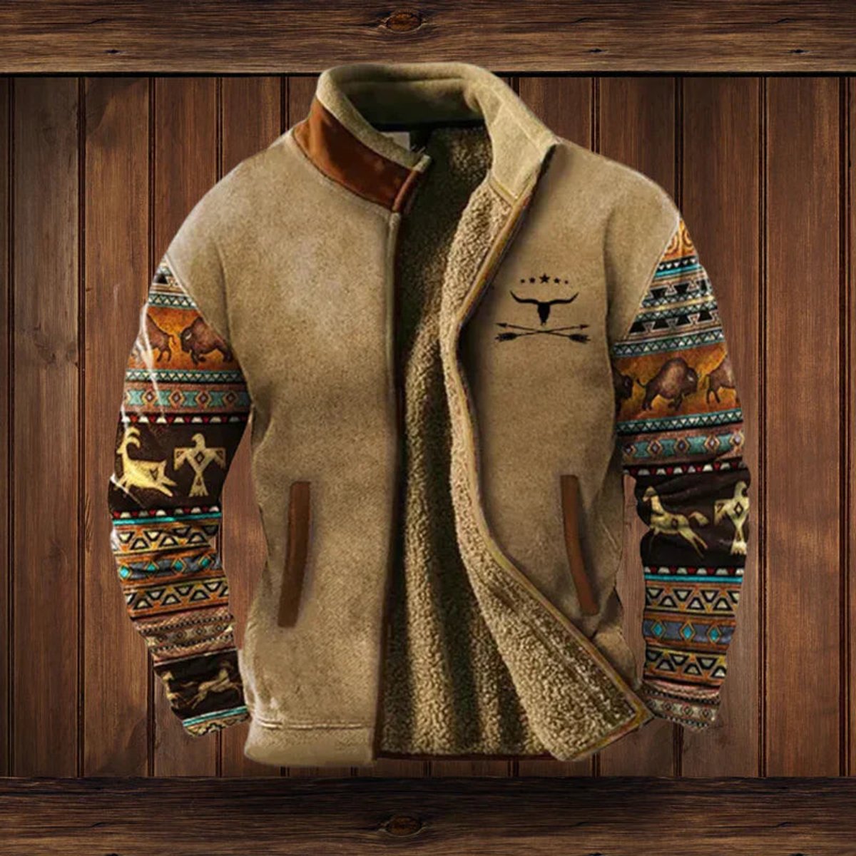 Men's Aztec Print Sherpa-Backed Cardigan Jacket – Brown with Print