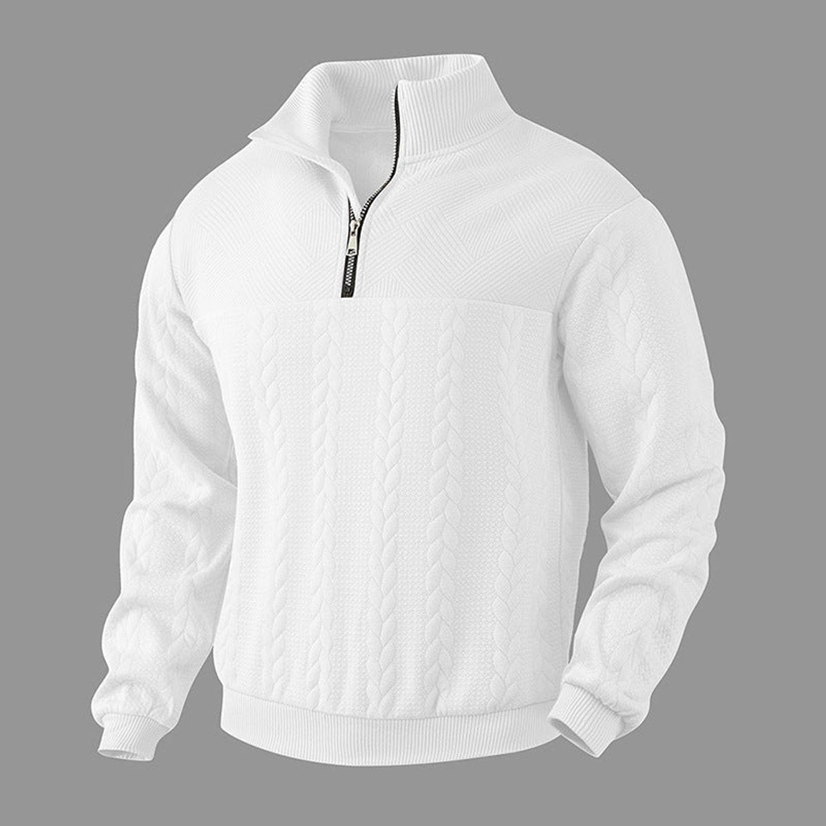 Men's Cable-Knit Sweater Quarter-Zip Sweater for Winter – White