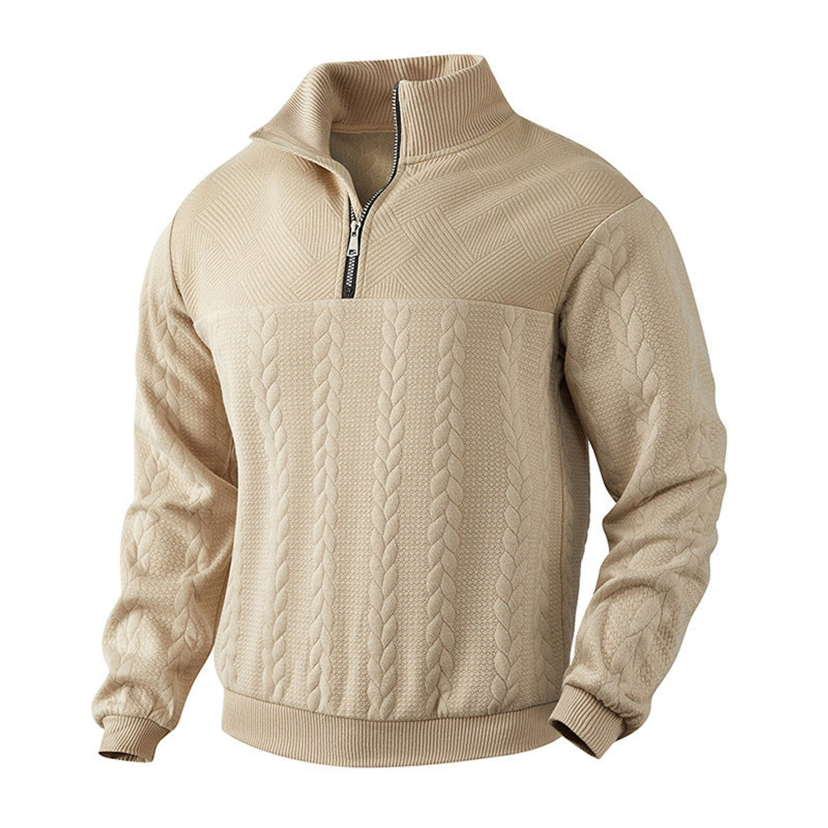 Men's Cable-Knit Sweater Quarter-Zip Sweater for Winter – Beige