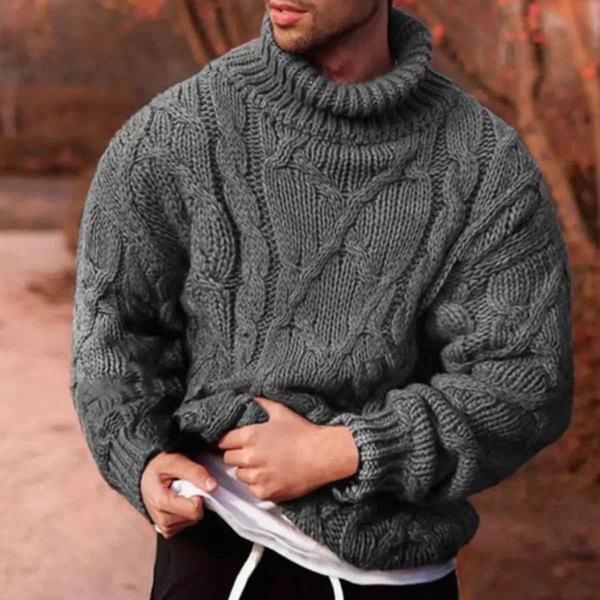 Men's Chunky-Knit Cable-Stitch Roll-Neck Pullover – Gray