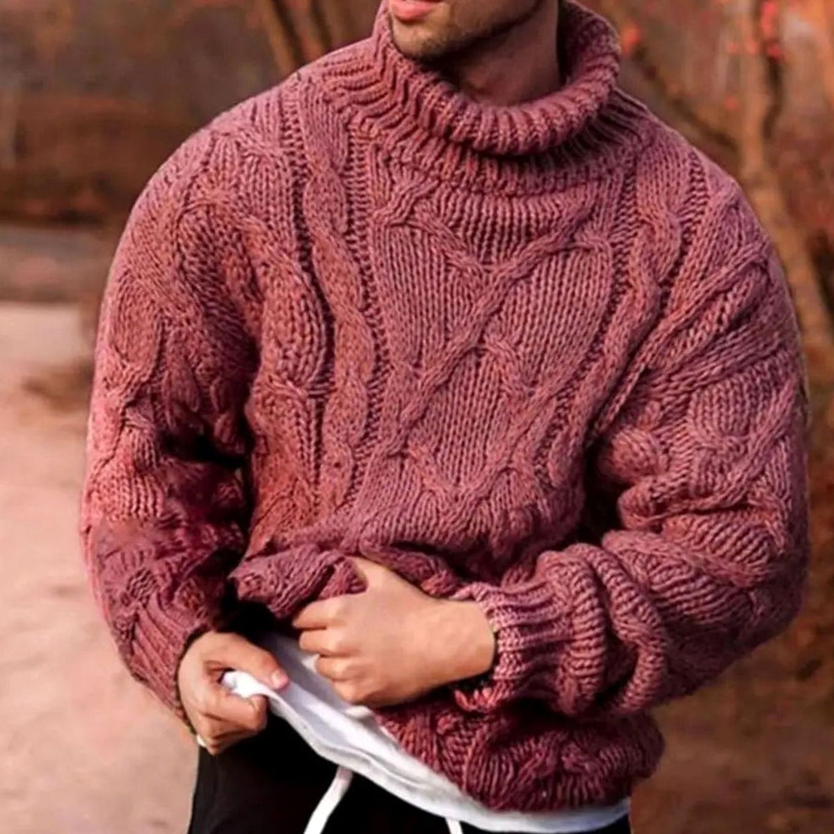 Men's Chunky-Knit Cable-Stitch Roll-Neck Pullover – Red