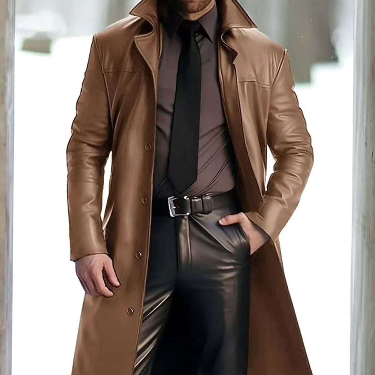 Men's Long Leather-Look Trench Coat – Khaki