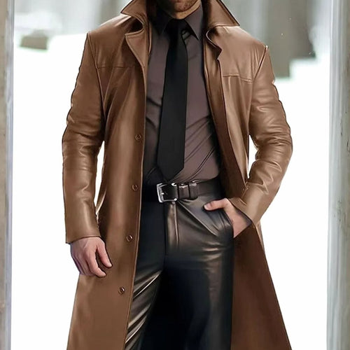 Men's Long Leather-Look Trench Coat – Khaki