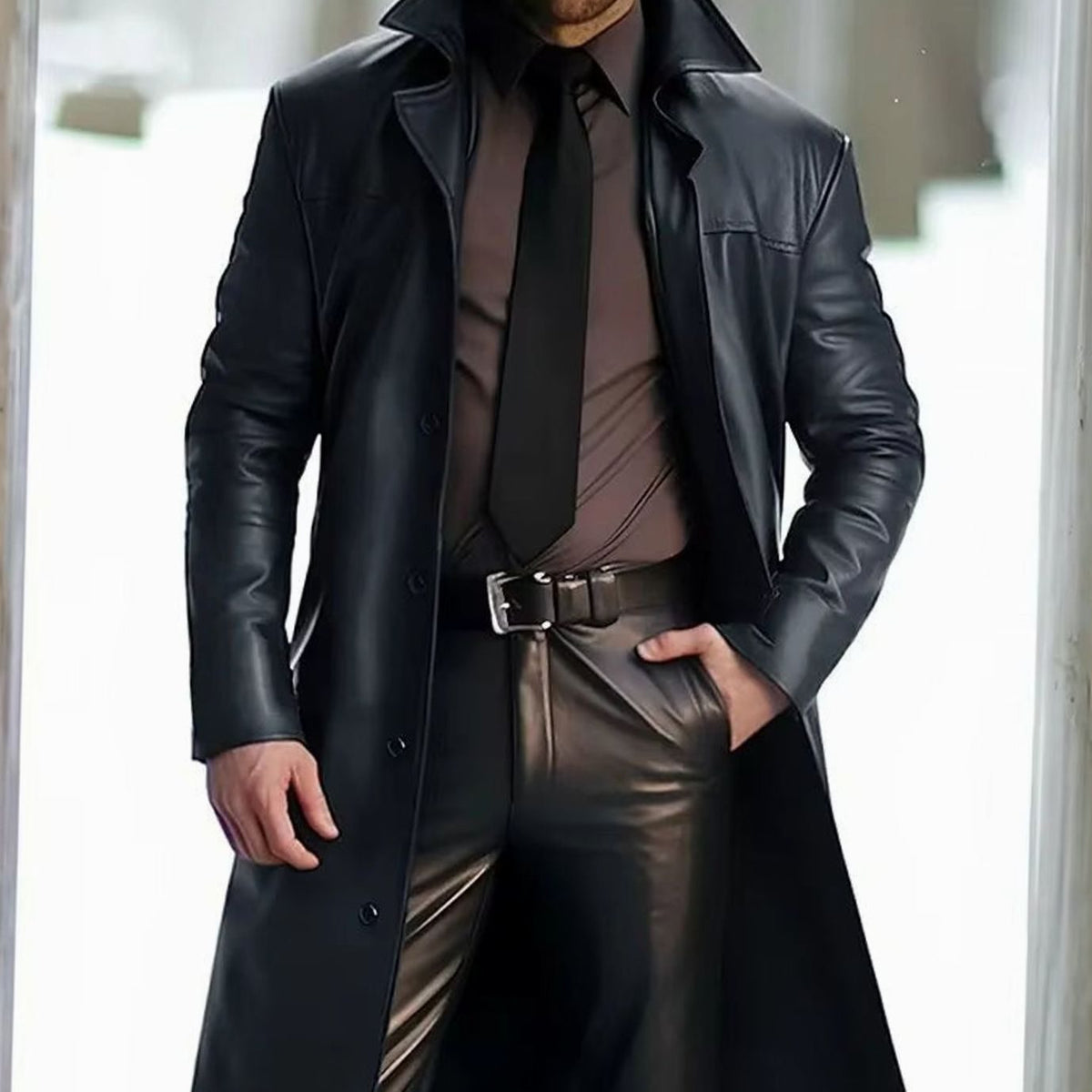 Men's Long Leather-Look Trench Coat – Black