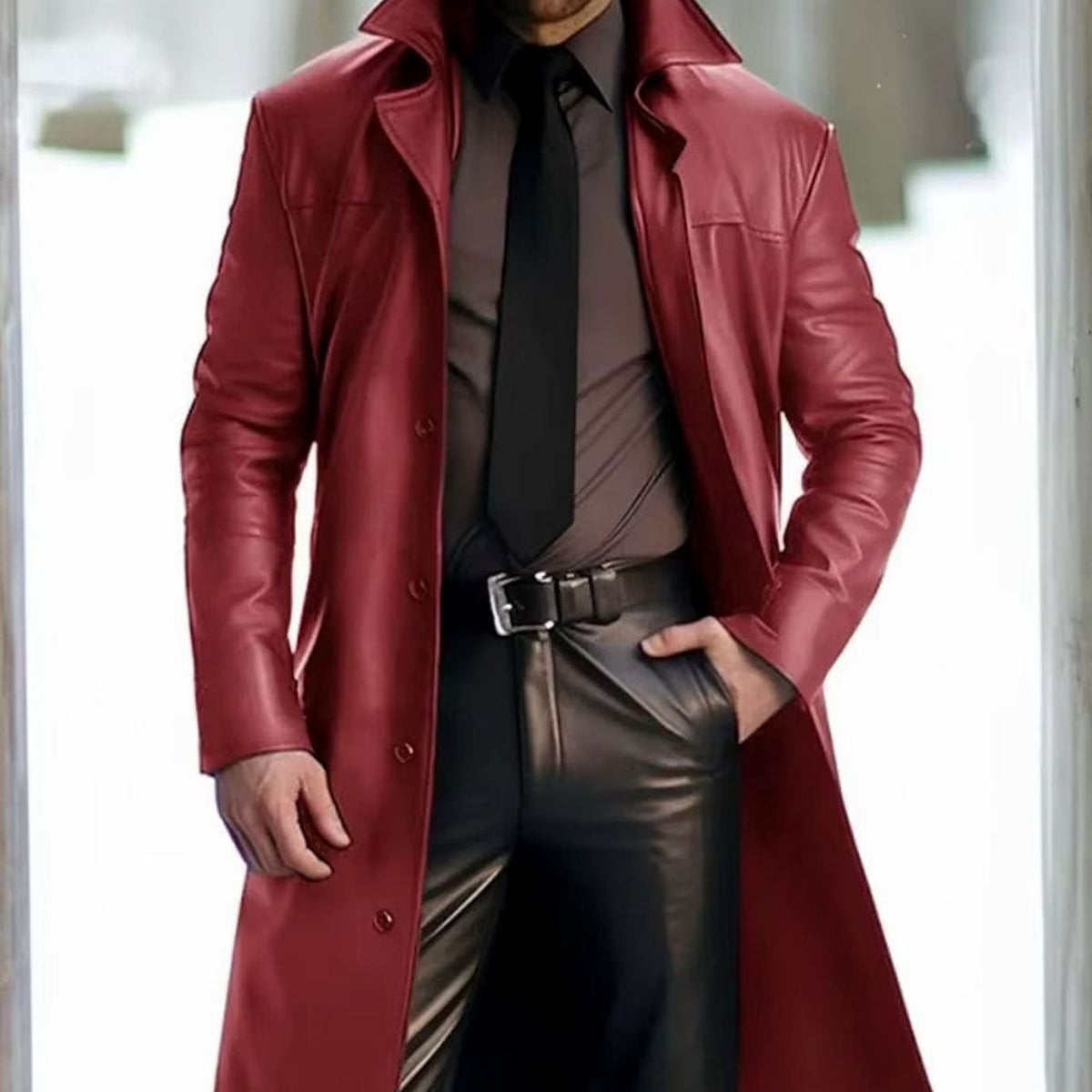 Men's Long Leather-Look Trench Coat – Red