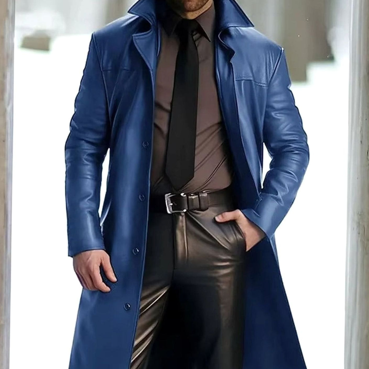Men's Long Leather-Look Trench Coat – Blue
