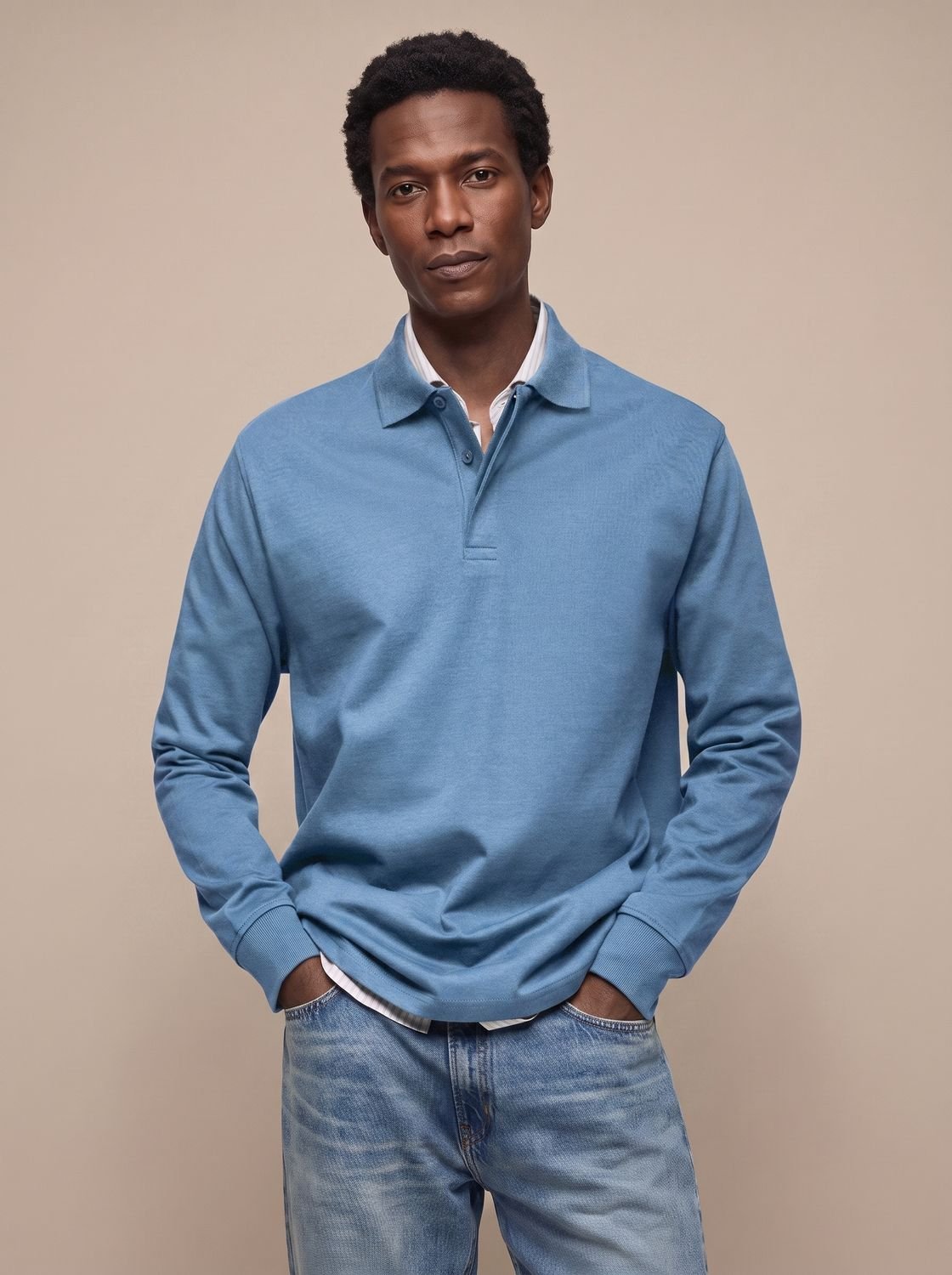 Men's Timeless Long-Sleeve Cotton Polo Shirt – Light Blue