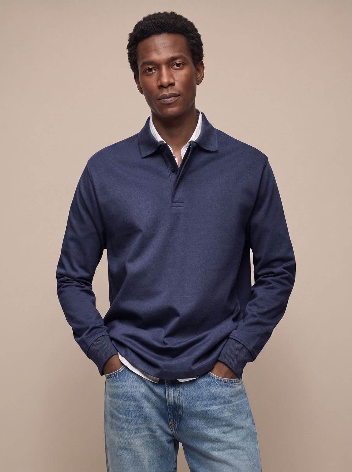 Men's Timeless Long-Sleeve Cotton Polo Shirt – Navy Blue