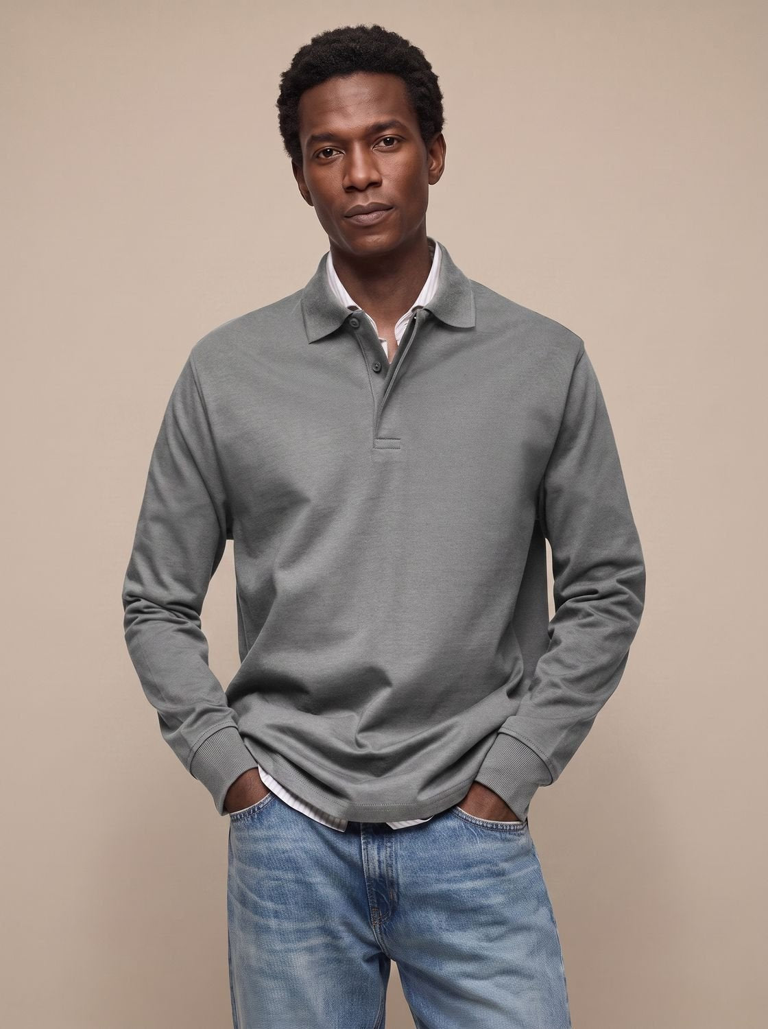Men's Timeless Long-Sleeve Cotton Polo Shirt – Gray