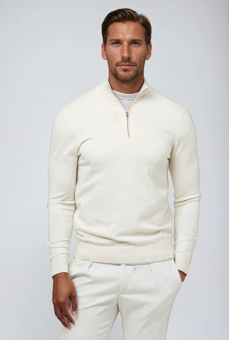 Men's Timeless Quarter-Zip Knit Pullover with Ribbed Cuffs – White