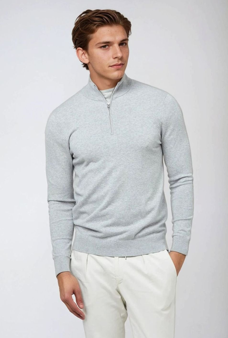 Men's Timeless Quarter-Zip Knit Pullover with Ribbed Cuffs – Gray