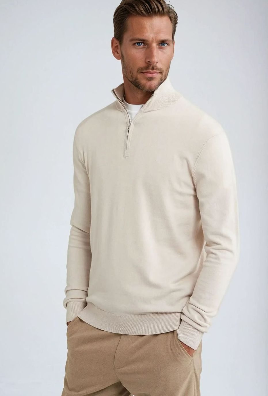 Men's Timeless Quarter-Zip Knit Pullover with Ribbed Cuffs – Beige