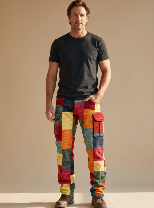 Men's Colorblock Patchwork Relaxed-Fit Cargo Pants for Winter – Multicolor