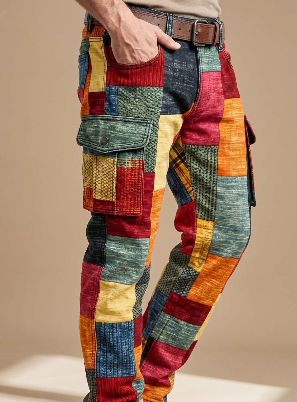 Men's Colorblock Patchwork Relaxed-Fit Cargo Pants for Winter – view 3